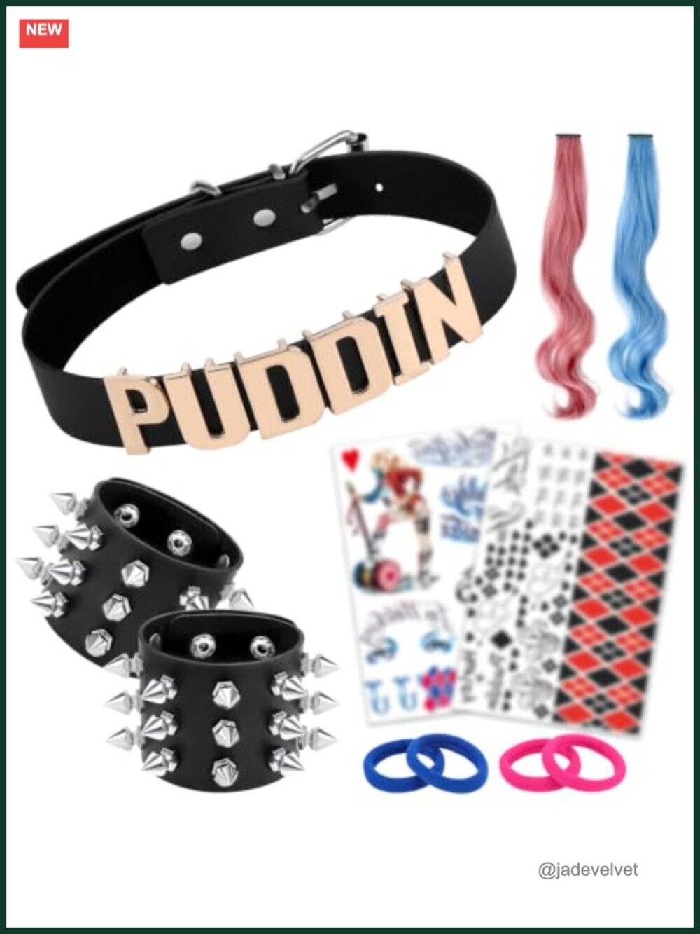 Punk Costume Accessory Set Faux Leather Choker Bracelets Hair Extensions